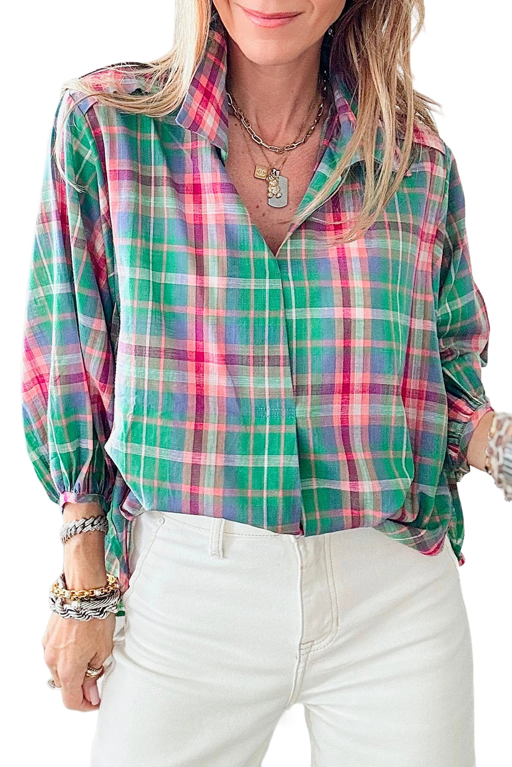 Green Checkered 3/4 Sleeve Collared Loose Fit Shirt