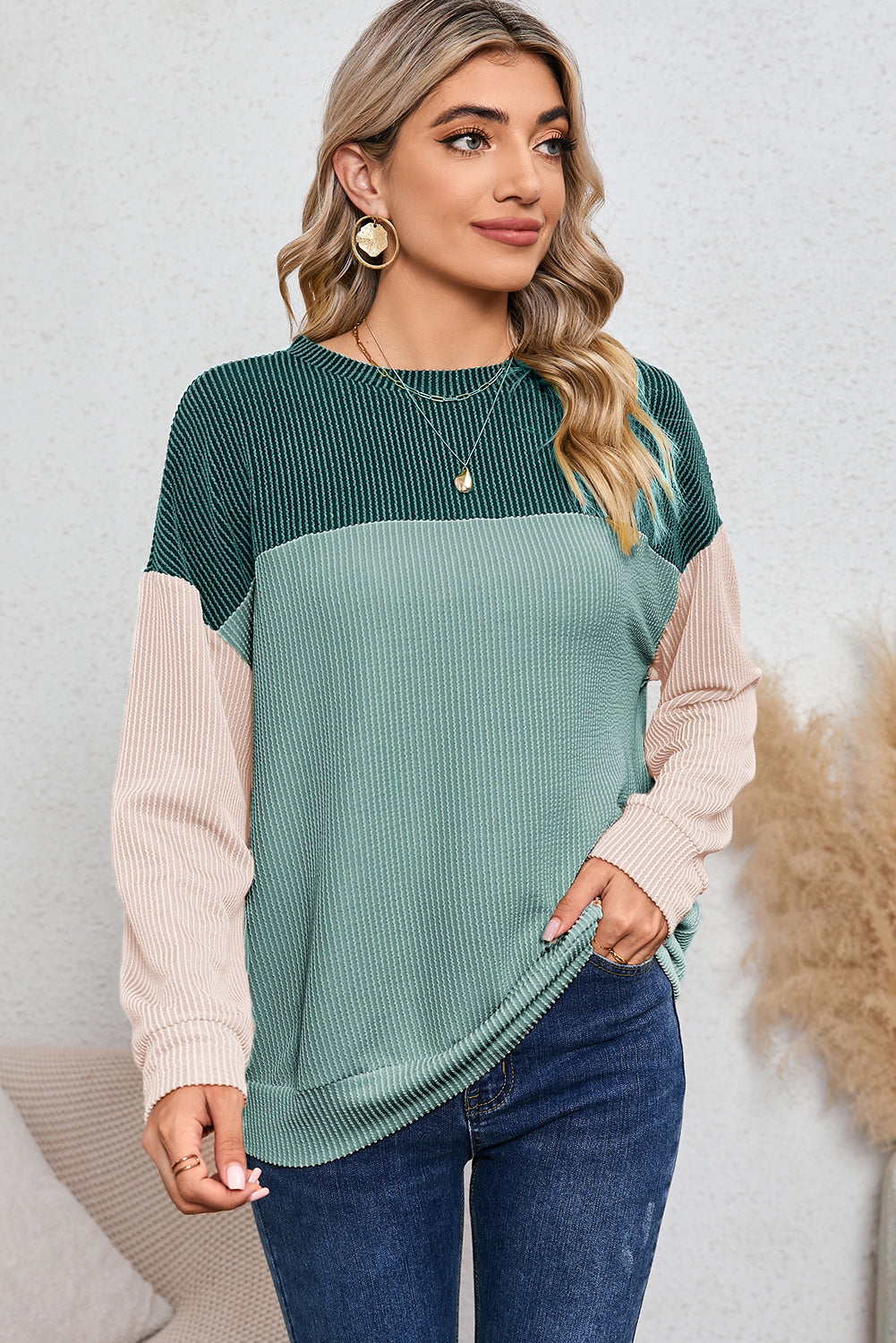 Red Color Block Ribbed Loose Long Sleeve Top