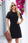Dark Brown Contrast Lace Raglan Sleeve Pleated Detail Shift Dress