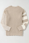 Khaki Cable Knit Colorblock Crew Neck Drop Shoulder Sweater