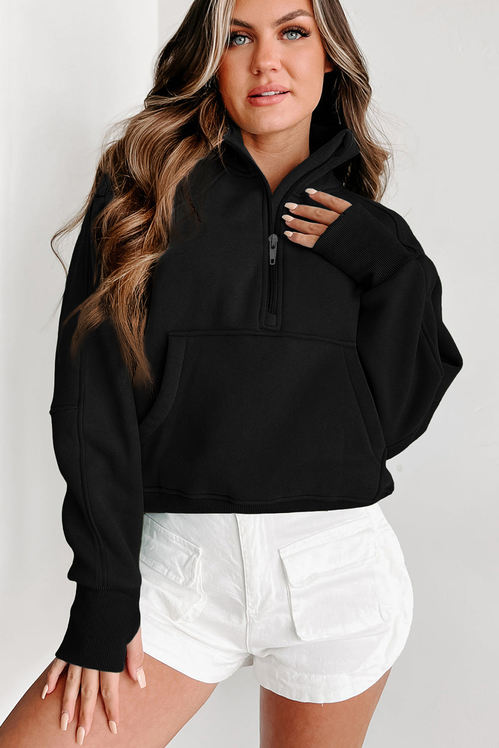 Flamingo Zip Up Stand Collar Ribbed Thumbhole Sleeve Sweatshirt