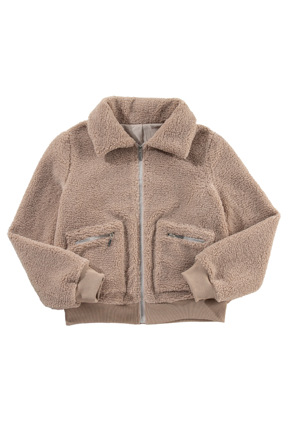 Light French Beige Zipper Pocketed Winter Fuzzy Jacket