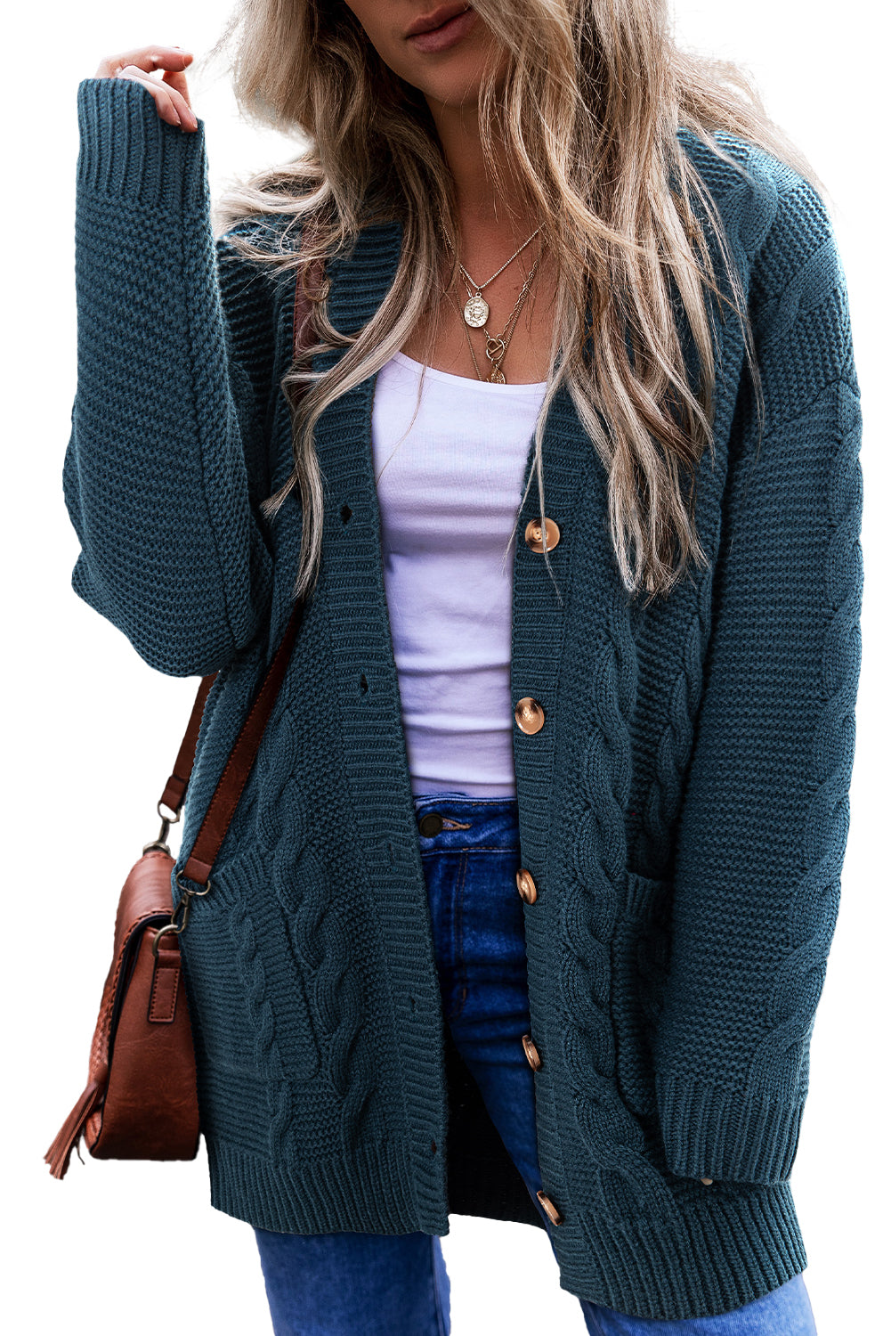 Peacock Blue Cable Knit Button Front Pocketed Baggy Cardigan