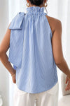 Sky Blue Striped Frill Neck Tie Knot Sleeveless Top