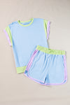 Blue Color Block Loose Fit Top and Elastic Waist Shorts Set