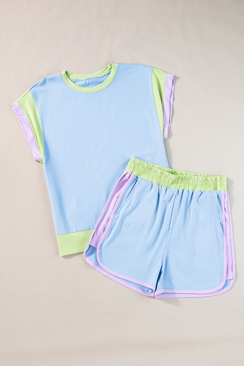 Blue Color Block Loose Fit Top and Elastic Waist Shorts Set