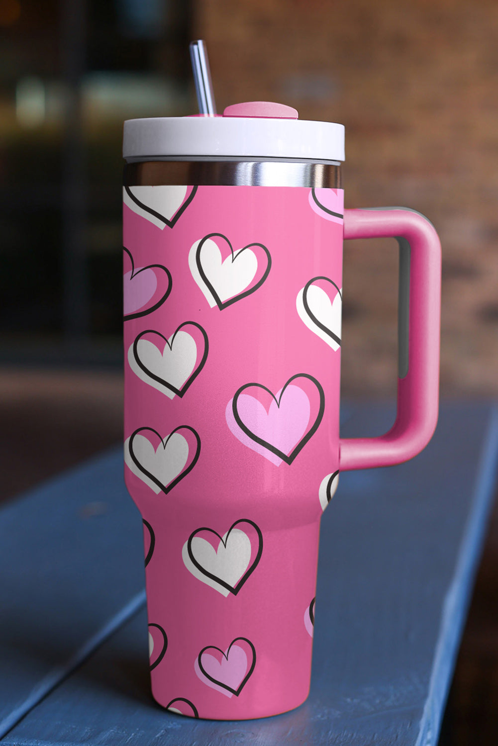 Rose Red Valentines Heart Printed Thermos Cup with Handle