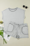 Gray Contrast Stitching Plus Cuffed Sleeve Tee and Shorts Set