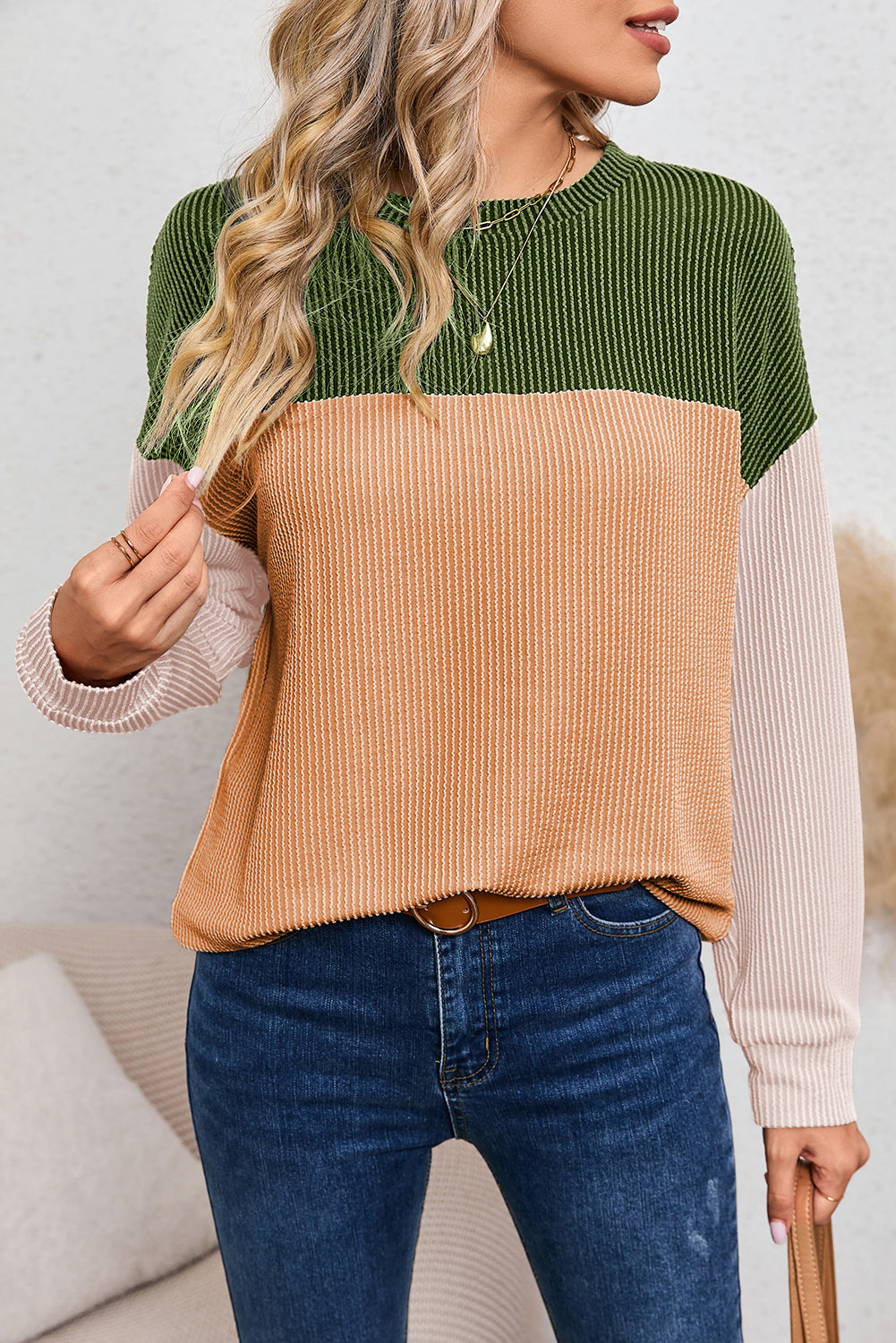 Black Ribbed Color Block Long Sleeve Top