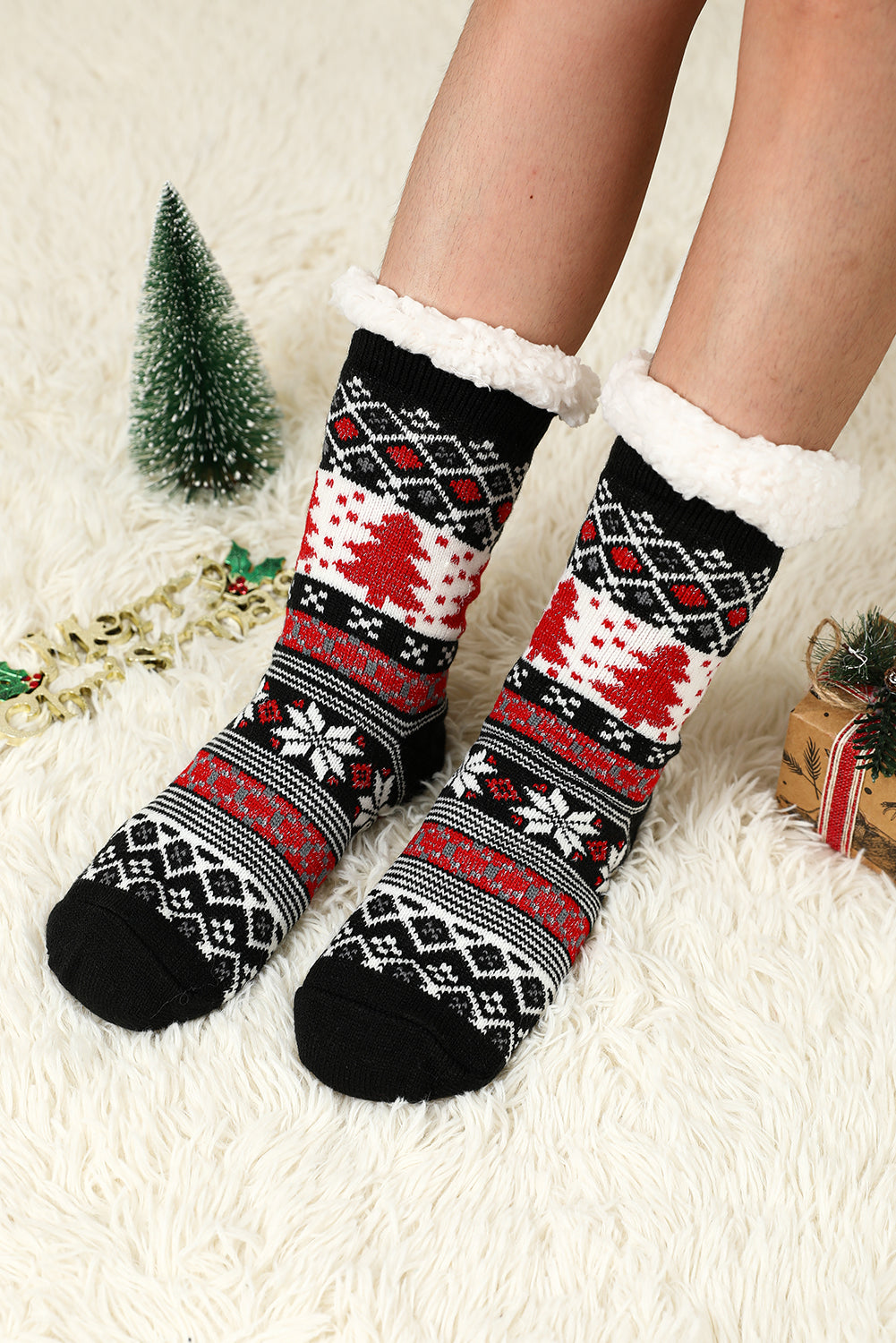 Red Christmas Reindeer Pattern Thermal Socks