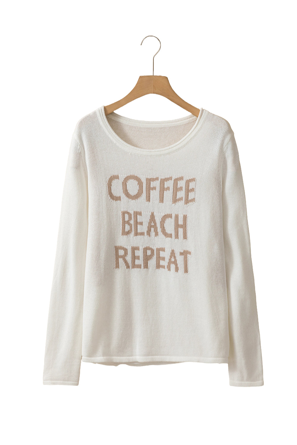 White Letter Print Round Neck Raw Edge Sweater