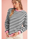 Bright Green Striped Contrast Trim Long Sleeve Top