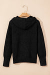 Black Button Up Drop Shoulder Knit Hooded Cardigan