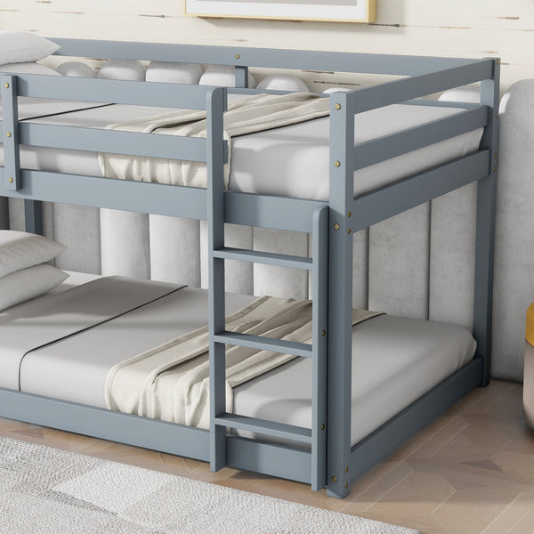Solid Wooden , Solid Rubber Wooden Twin over Twin Floor Bunk Bed with Ladder ,Upper and Bottom Bed Platforms crafted with Strengthened Slats ,Grey