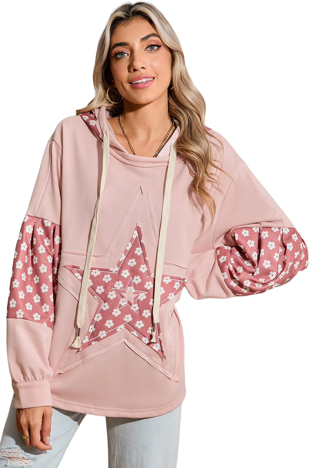 Apricot Floral Patchwork Star Pattern Drawstring Hoodie