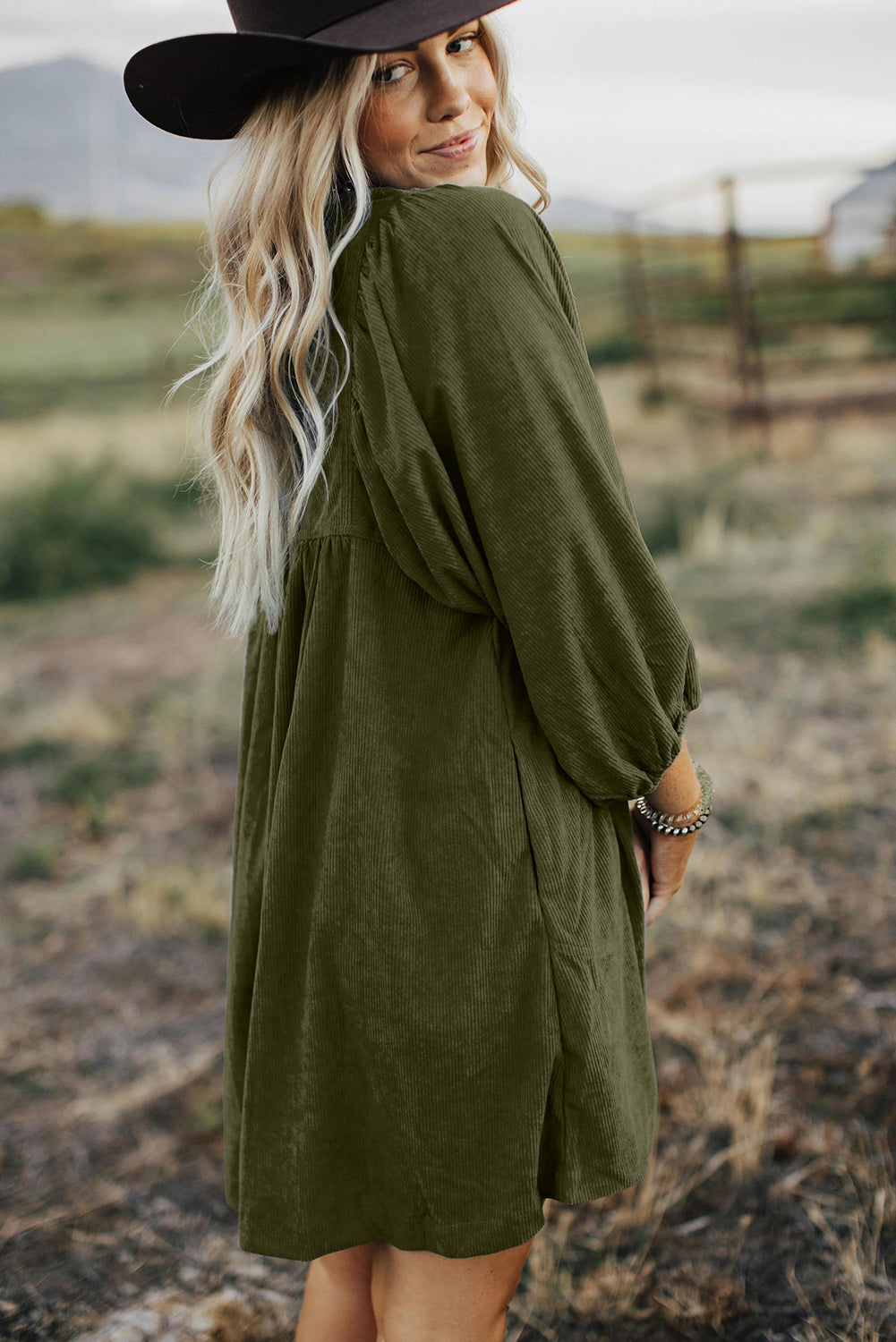 Vineyard Green Light Snap Button Empire Waist Lantern Sleeve Corduroy Dress