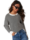 Coffee Stripe Contrast Edge Crew Neck Drop Shoulder Sweater