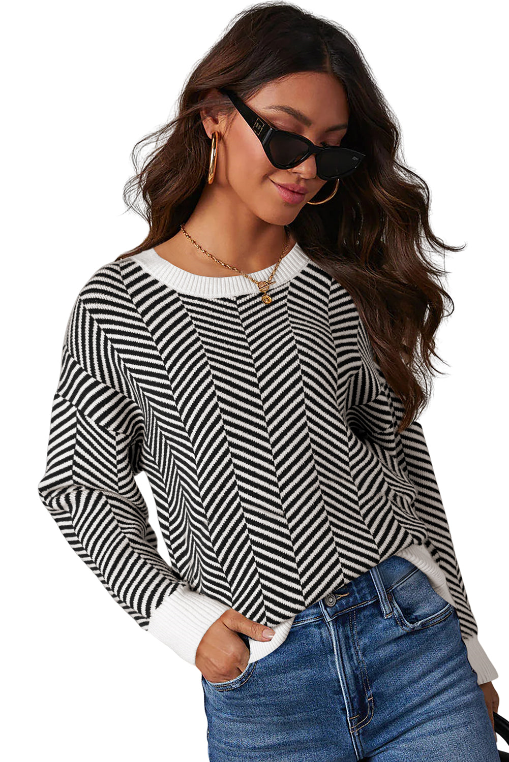 Coffee Stripe Contrast Edge Crew Neck Drop Shoulder Sweater