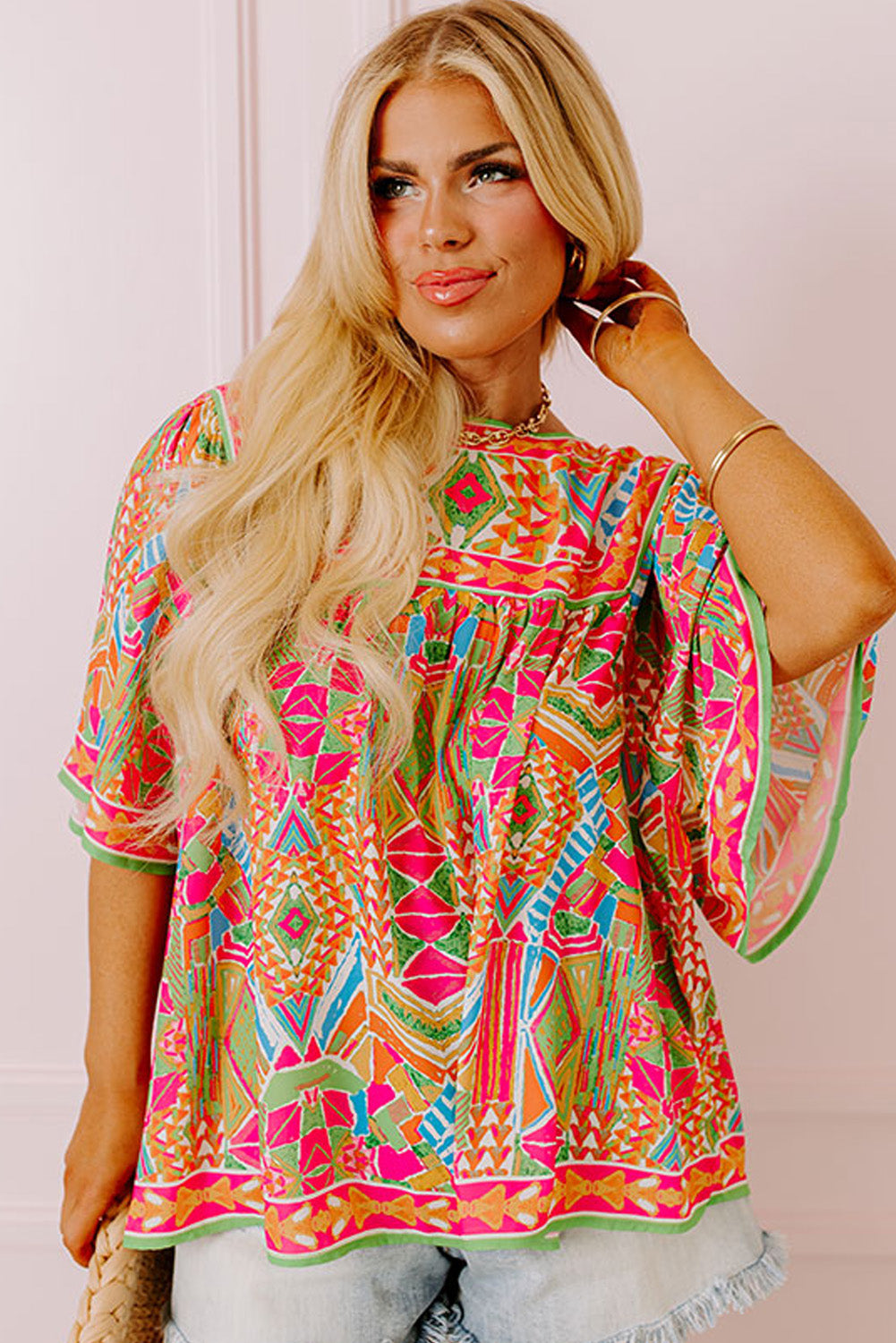 Green Geometric Print Bell Sleeve Plus Size Blouse