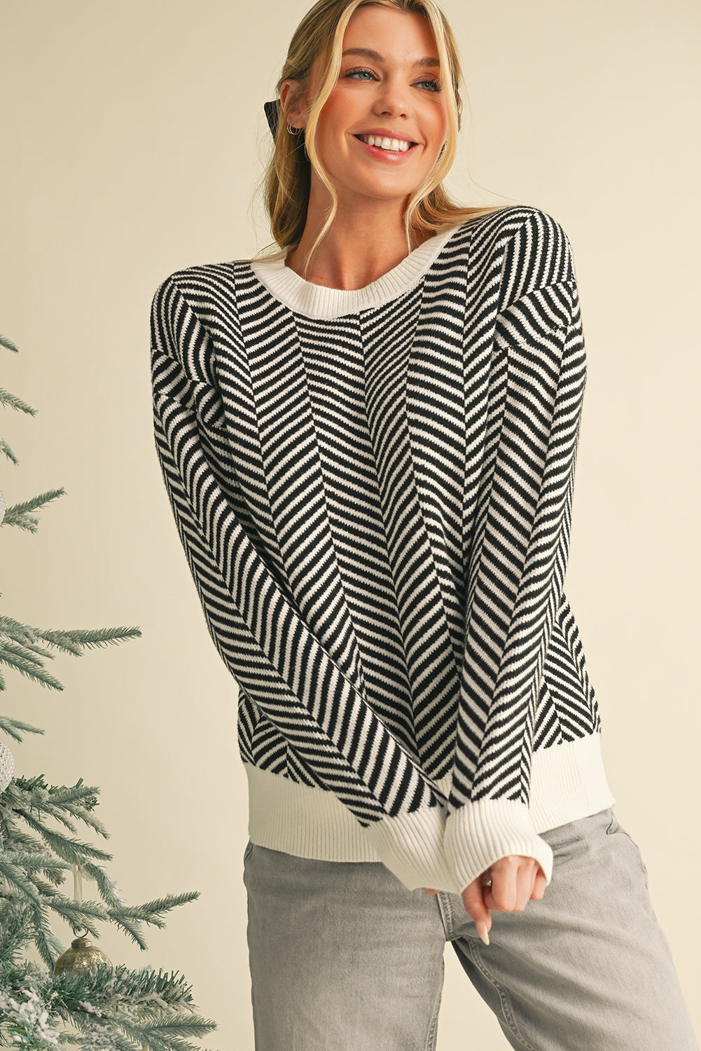 Coffee Stripe Contrast Edge Crew Neck Drop Shoulder Sweater