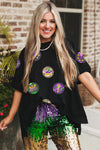 Black Sequin Mardi Gras Side Slits Oversized Graphic Tee