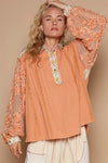 POL Floral Half Button Lace Detail Long Sleeve Top