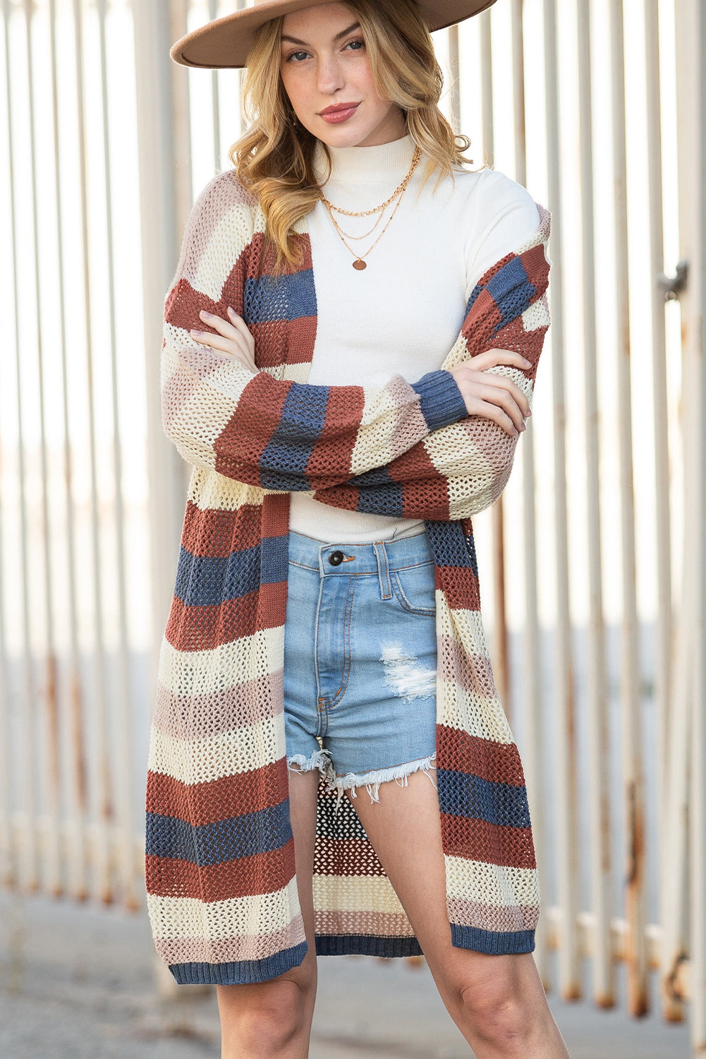 Black Striped Color Block Casual Hollow Cable Knit Cardigan