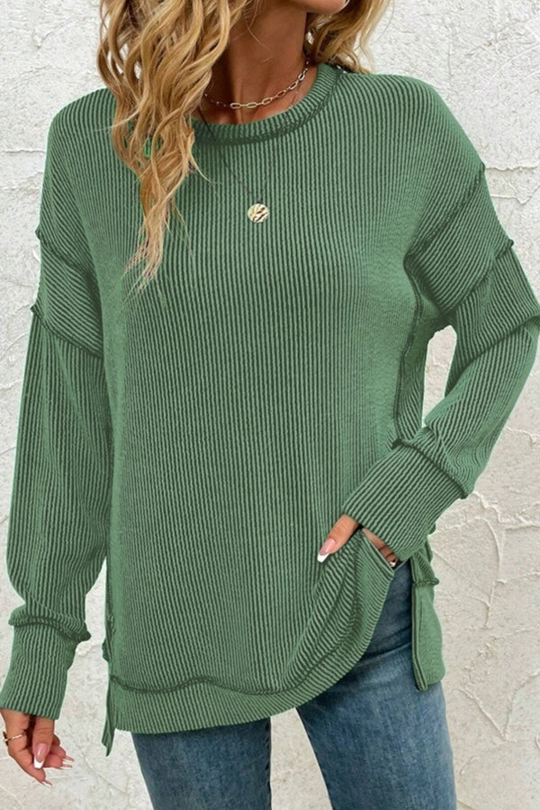Bright Green Twisted Ribbed Split Loose Long Sleeve Pullover Top