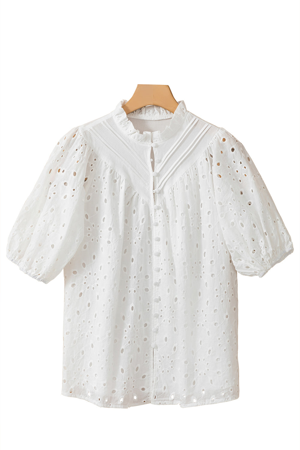 Bonbon Hollow-out Flower Embroidered Short Puff Sleeve Blouse