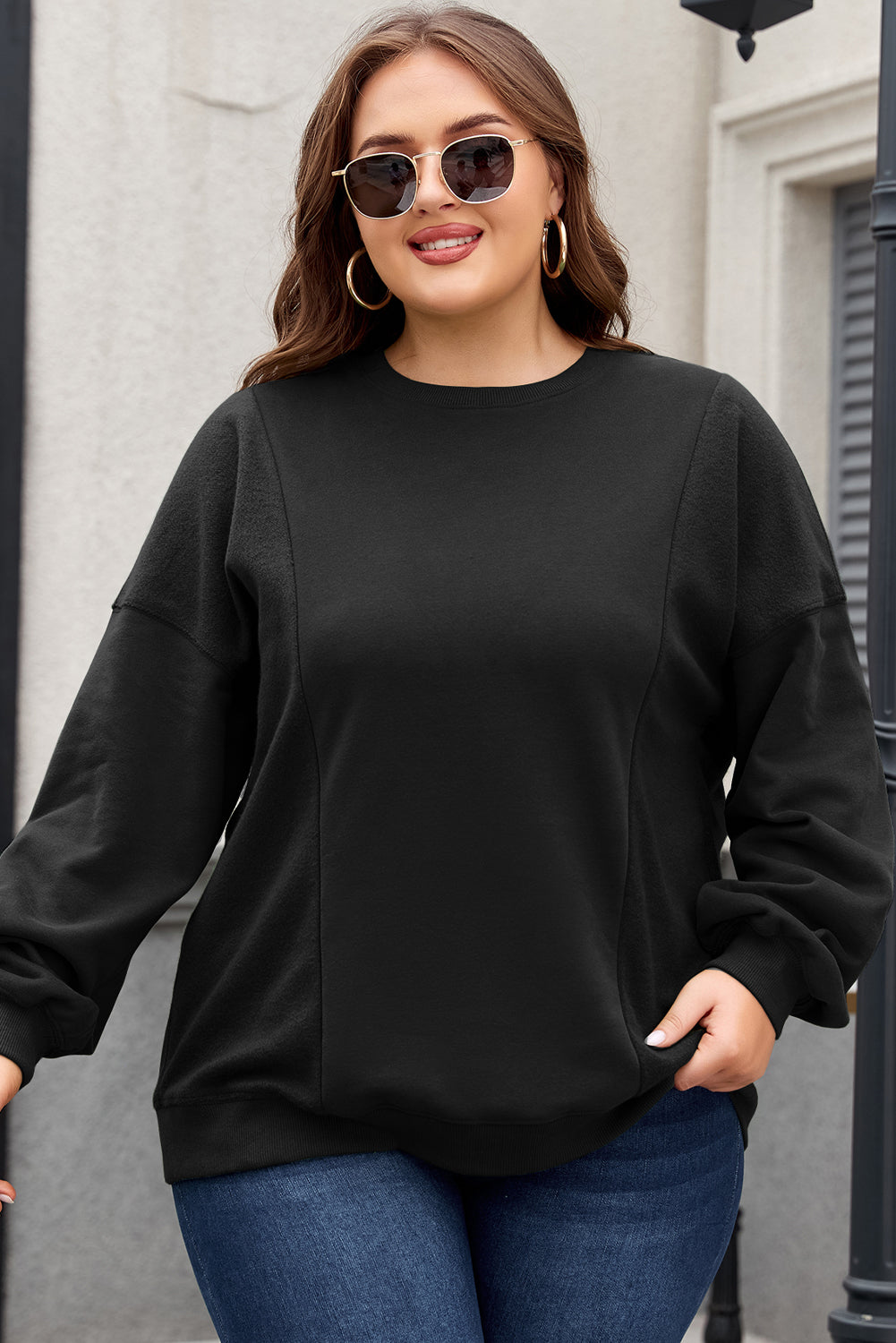 Apricot Loose Patchwork Crewneck Plus Size Sweatshirt