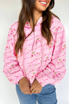 Pink Floral Print Half Zip Kangaroo Pouch Drawstring Hoodie