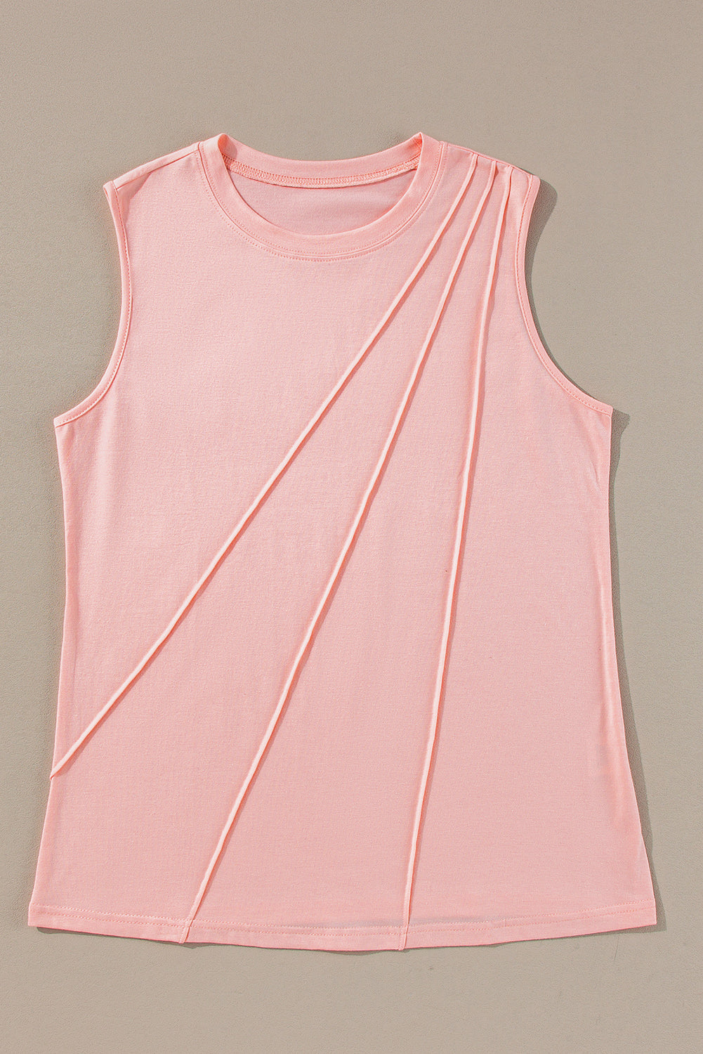 Light Pink Solid Color Crew Neck Pleated Sleeveless Top