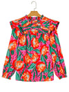 Rose Floral Print Pleated Ruffled O Neck Plus Size Blouse