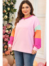 Pink Colorblock Long Sleeve Plus Size Top