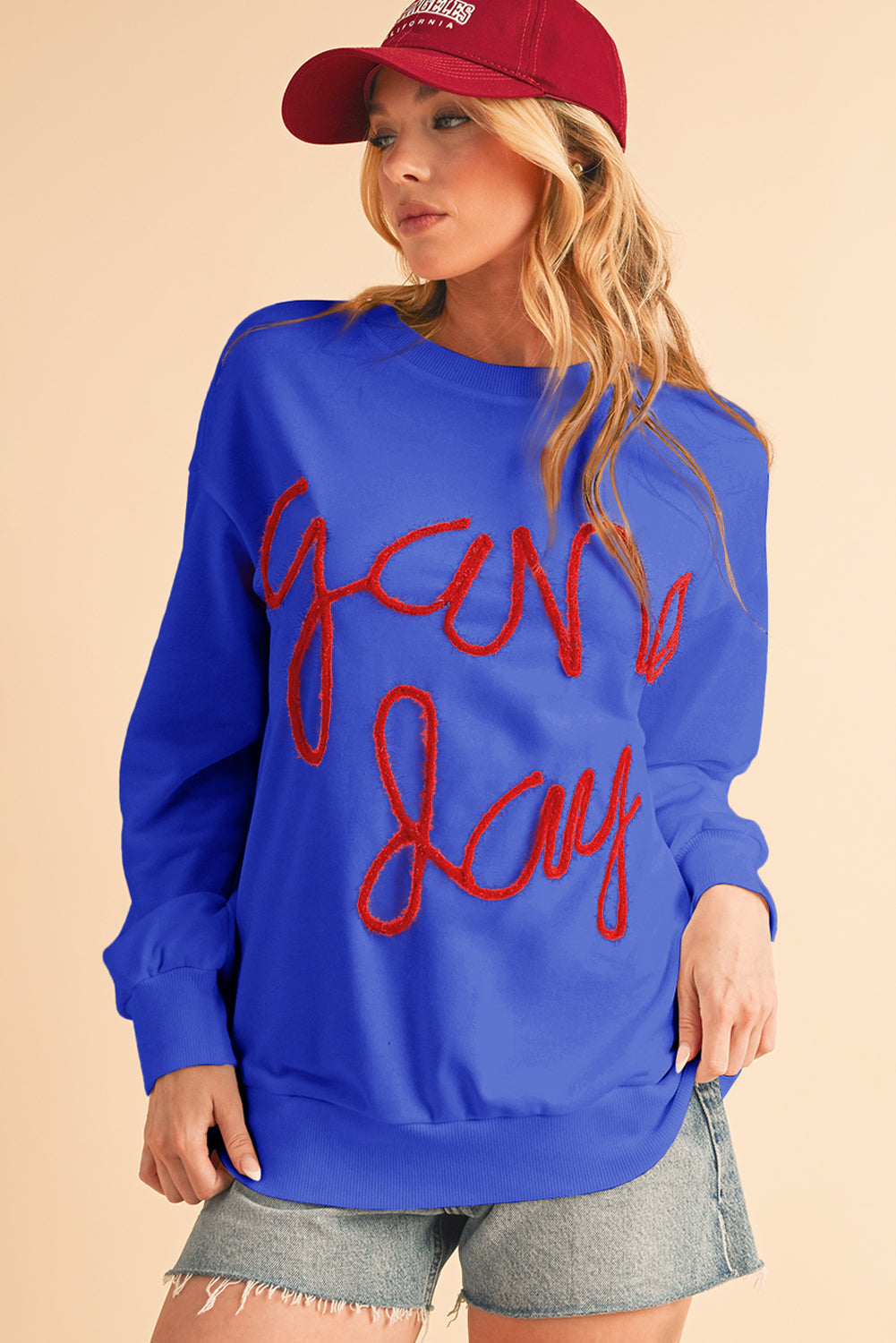 Dark Blue Tinsel Game Day Drop Shoulder Sweatshirt