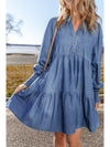 Dusk Blue Smocked Cuff Buttoned Tiered Denim Mini Dress