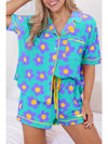 Green Flower Print Buttoned Shirt and Drawstring Waist Pajama Set