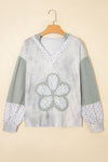 Green Floral Textured Colorblock Patchwork Lantern Sleeve Hooded Top