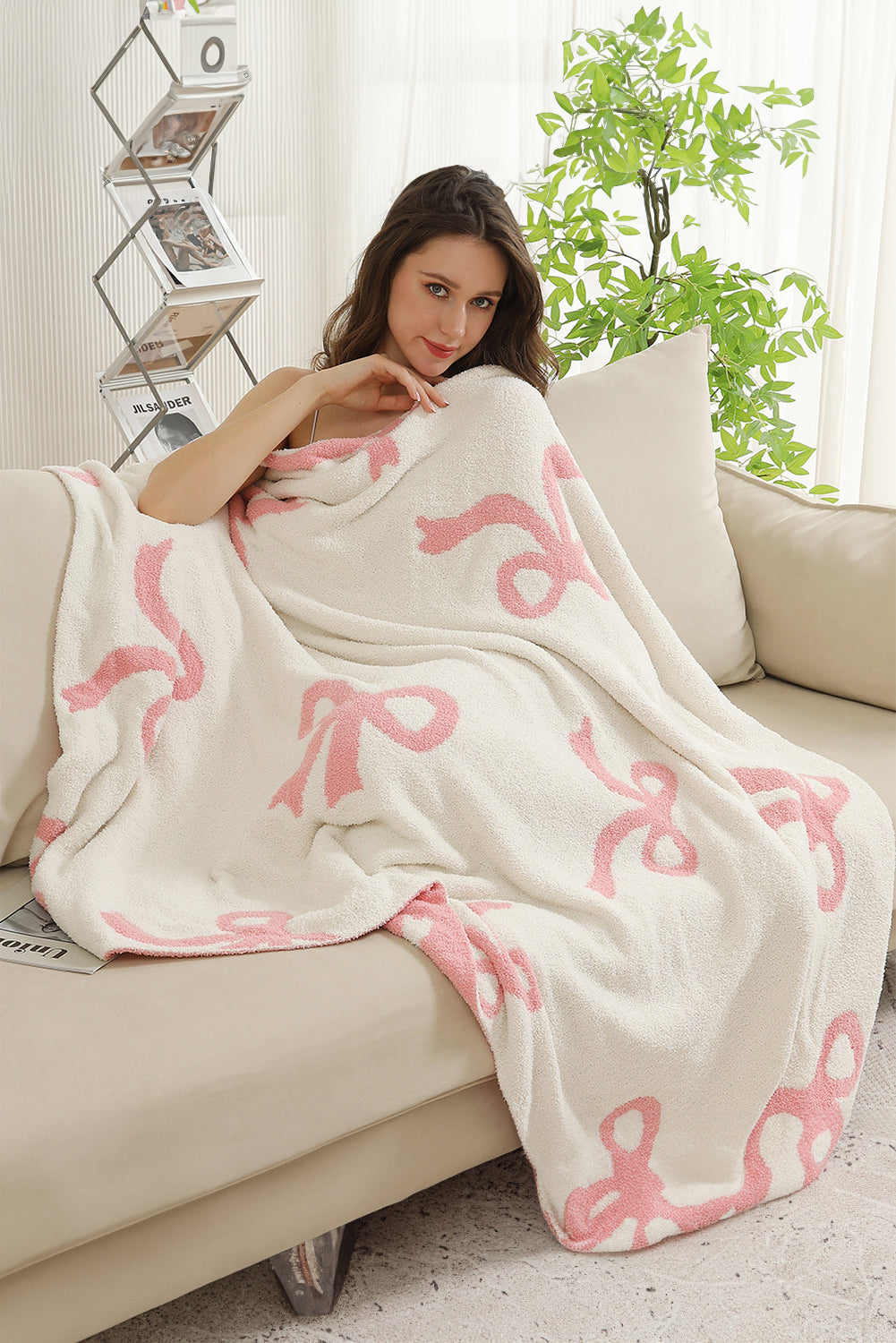 Rose Red 127*152cm Bow Printed Cozy Soft Throw Blanket