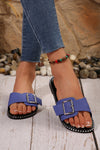 Black Buckled Strap Faux Leather Flat Chic Slippers