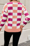 Black Checkered Crew Neck Drop Shoulder Knit Sweater