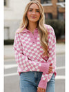 Apricot Checkered Buttons Collar V Neck Drop Shoulder Sweater