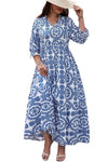 Sky Blue Geometric Print Notch Neck Plus Size Maxi Dress