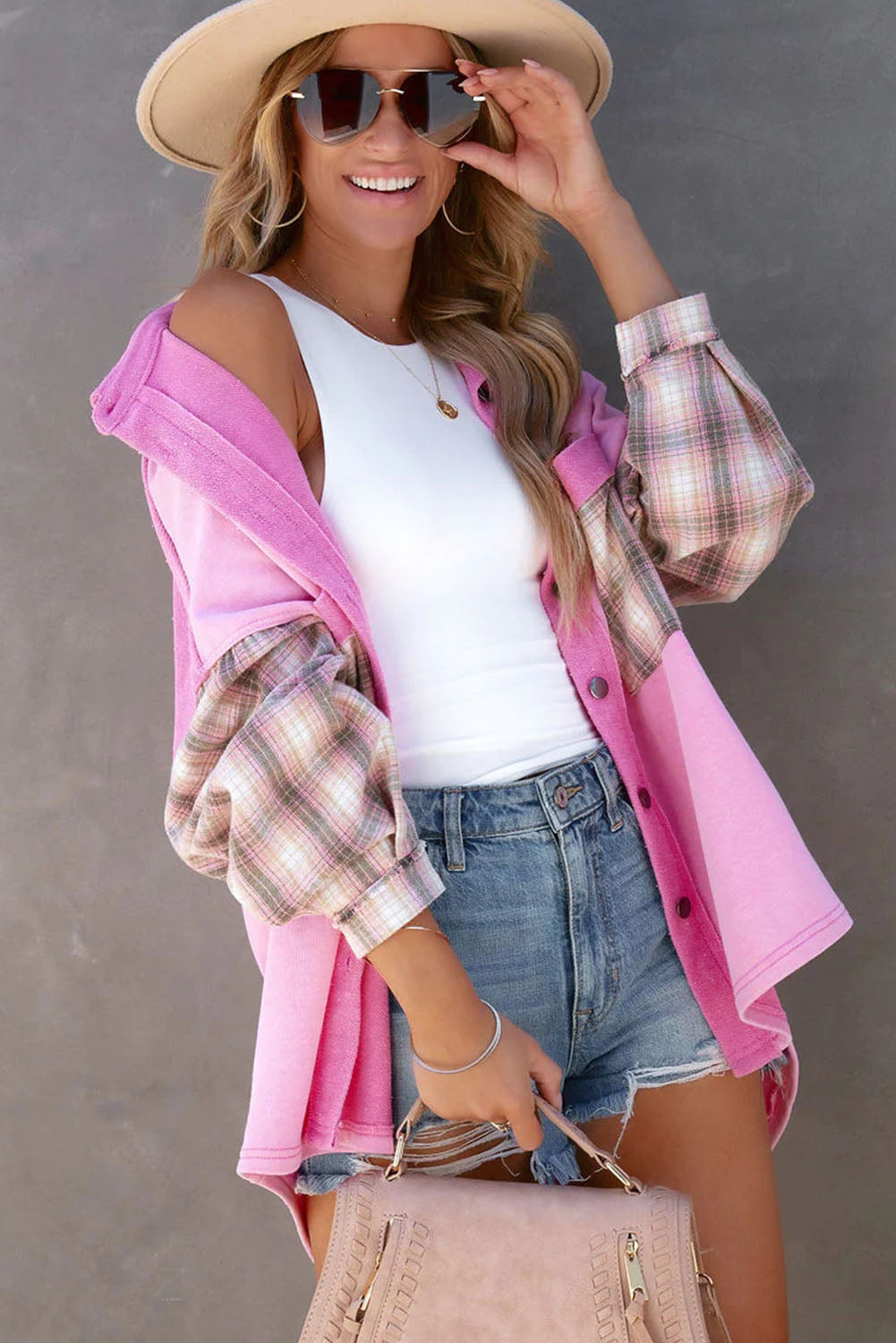 Rose Plaid Patchwork Chest Pockets Oversized Shirt Shacket