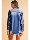 Sky Blue Light Wash Distressed Frayed Long Denim Jacket