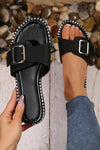 Black Buckled Strap Faux Leather Flat Chic Slippers