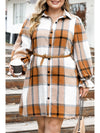 Khaki Plus Size Plaid Flounce Sleeve Button Up Shirt Dress