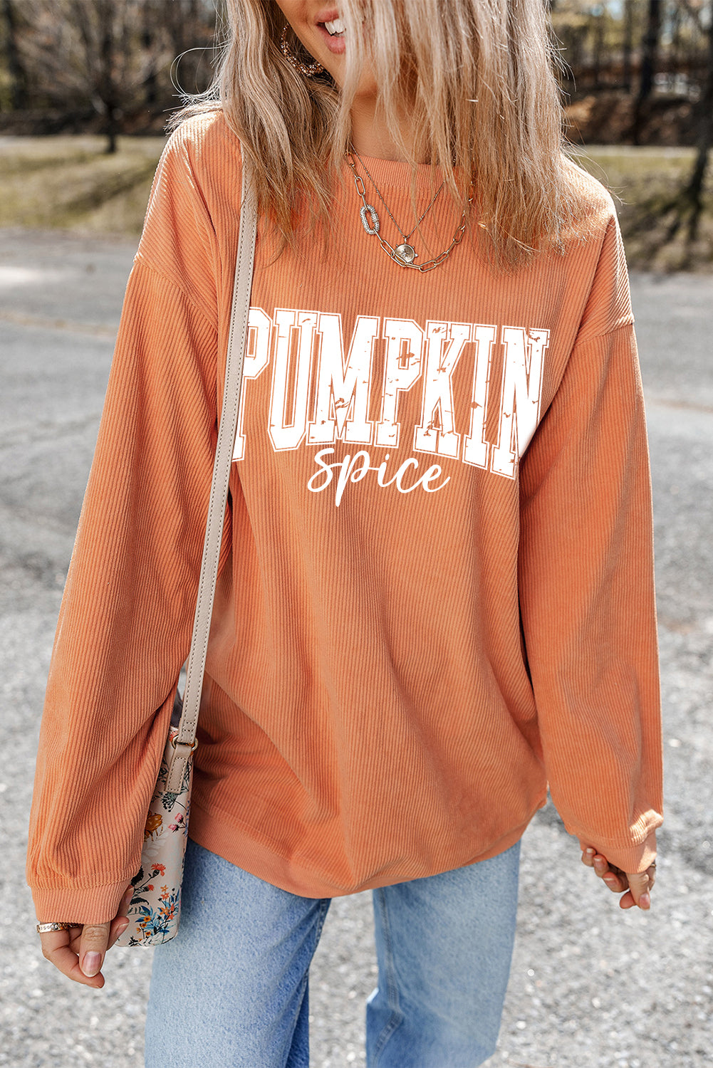 Orange Crinkle Ribbed PUMPKIN Spice Graphic Crewneck Sweatshirt