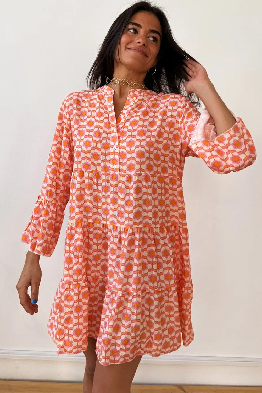 Orange Floral Button V Neck Bell Sleeve Mini Dress