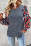 Blue Floral Ruffle Sleeve Patchwork Top